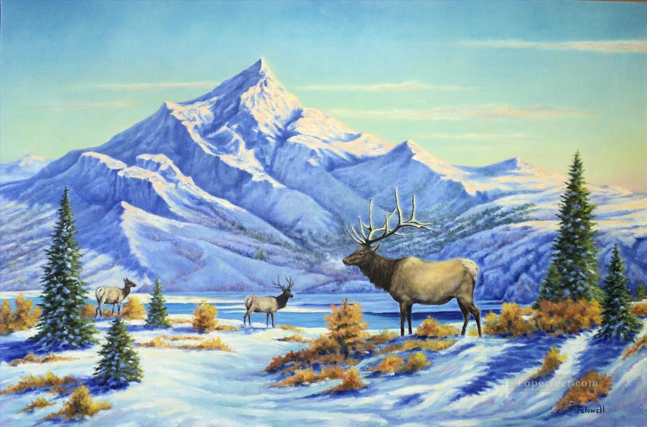 高原の初冬の朝の山の風景油絵